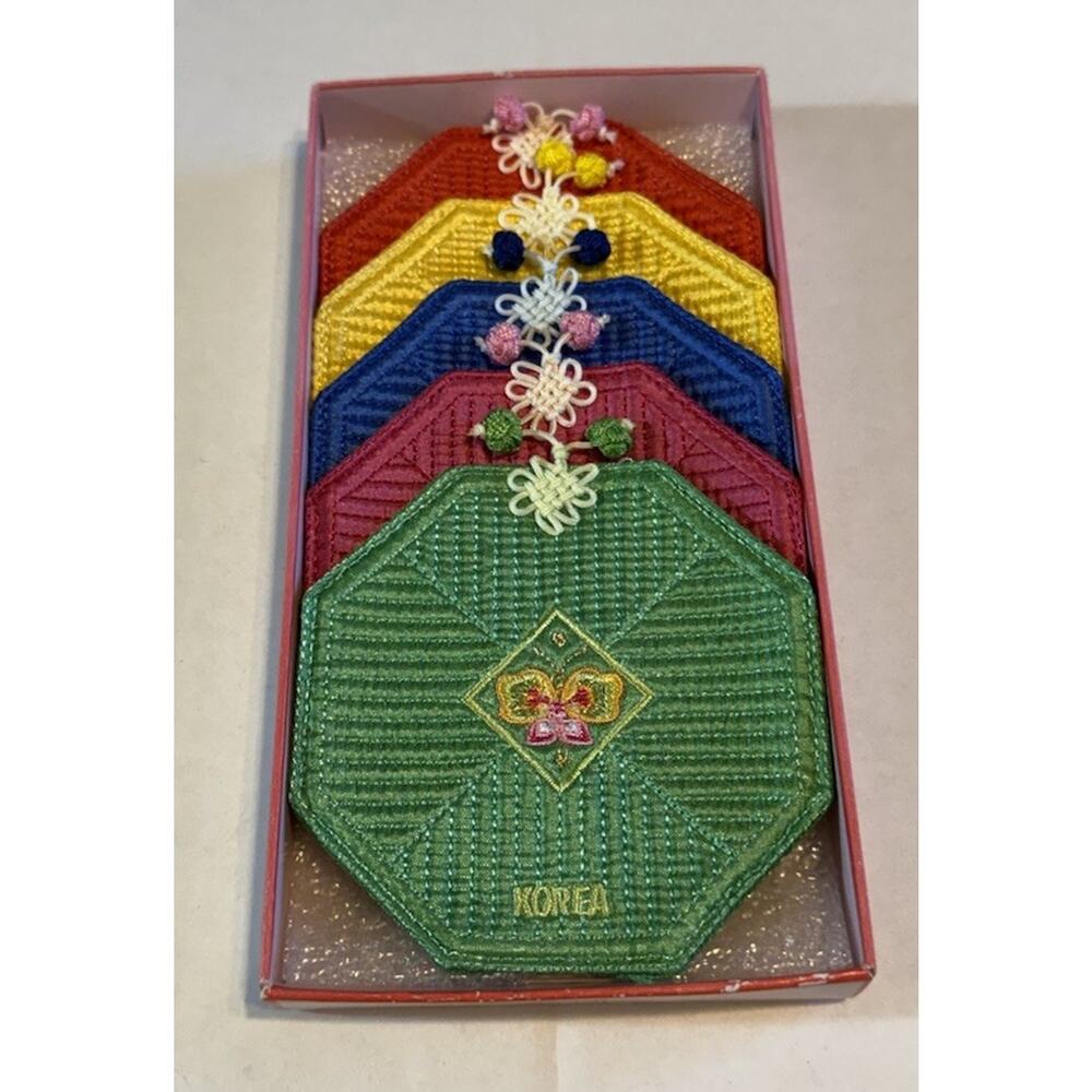 NEW Vintage Korean Traditional Embroidered Silk Coaster Set of 5 Floral Boxed